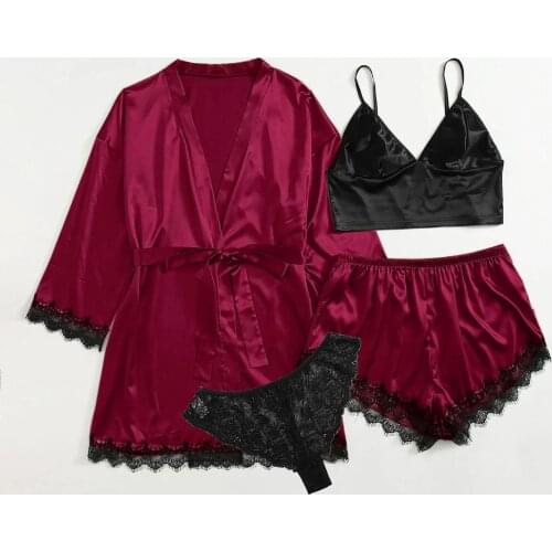 4PC Silk Robe Sleep Suit Womens Lace Satin Pajamas Gown Panties Set Cute Cami Shorts Wear Pijama Home Nightwear Summer 2021