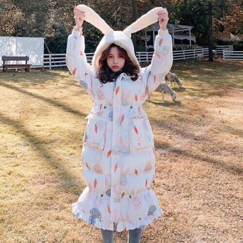 Korean cute Winter jacket women High quality Down Cotton coat Cartoon Rabbit hood print long parka Female Thick warm Overcoat