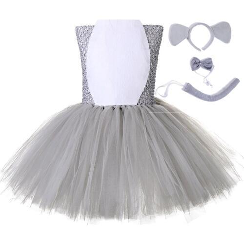 Cute Prettie Girls Dresses Kids Elephant Pattern Birthday Party Tutu Dress Outfit with Elephant Ear Headband Girls Clothes Set