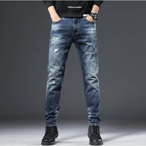 Mens Jeans 2021 Denim Pants Slim Straight Light Blue Stretch Regular Fit Casual Men Trousers Famous Brand