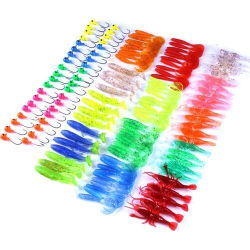 130Pcs Soft Lures Lead Jig Head Hooks Set Worm Shrimp Silicone Bait Fishing Tackle Box Wobblers Pesca