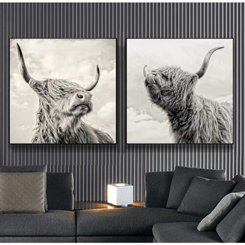 Gray White Style Highland Cow Wild Canvas Animals Painting Posters And Prints Cuadros Wall Art Picture For Living Room Decor