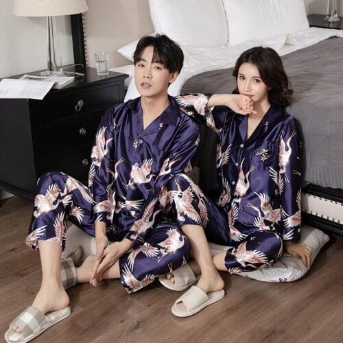 Summer Autumn Crane Printing Pajamas Set Lovers Silk Satin Pajama Sets Couple Pajamas Women Sleepwear Sets Pijama Muje