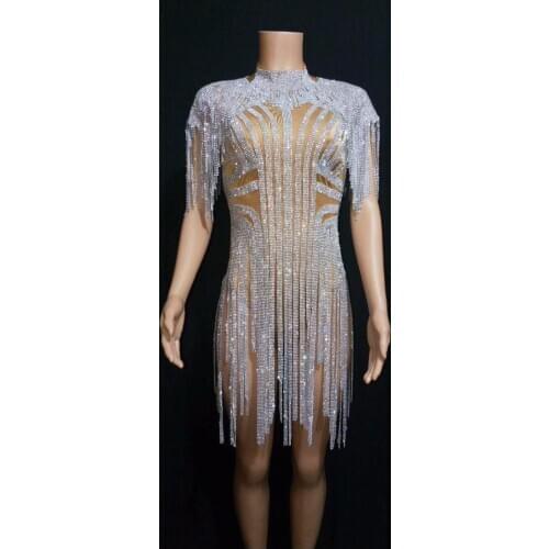 Sexy Bling Silver Rhinestones Fringes Bodysuit Birthday Celebrate Costume Female Singer Bling Tassel Leotard Stage Dance Wear