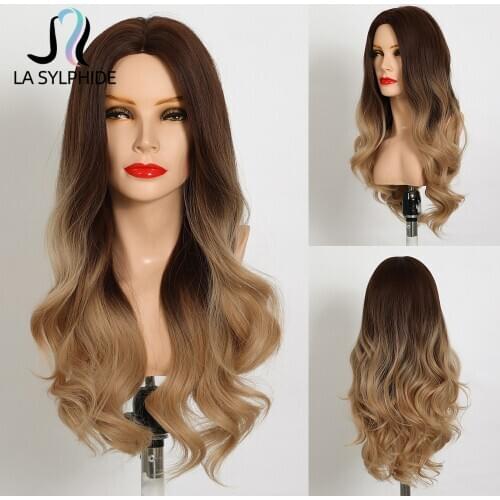 La Sylphide Synthetic Wig Light Brown Ombre Light Blonde Gold Middle Part False Hair Wigs for Woman Daily Use Heat Resistant Wig