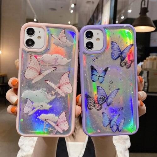 Cute Laser Card Butterfly Phone Case for iPhone 12 11 Pro Max X XR XS Max 6 6S 7 8 Plus Pink Purple Glitter Soft Clear TPU Cover