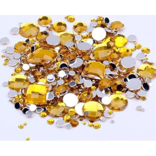 Mix Sizes Gold Color Round Acrylic Loose Non-Hotfix Flatback Rhinestone Nail Art Crystal Stones For Wedding Clothing Decorations