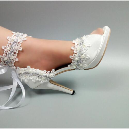 White Flower Wedding shoes Bride fashion Lace-Up woman party dress shoes Peep Toe platform shoes Bridesmaid female ankle strap