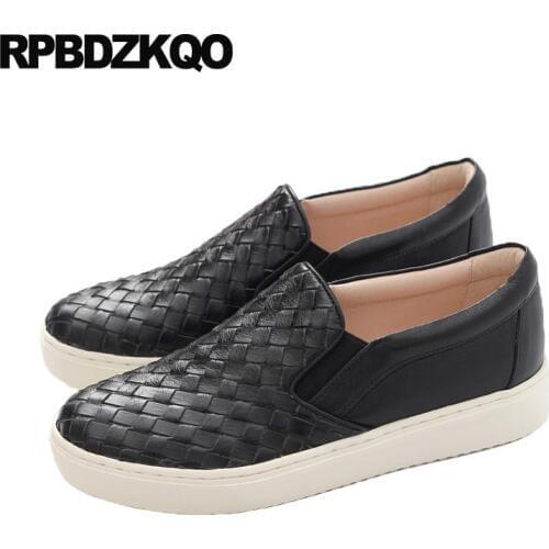 Slip On Genuine Leather Navy Blue Women Creepers Platform Shoes Black Flats Sneakers Woven Muffin Luxury Trainers Thick Sole