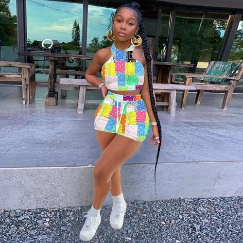 Paisley Cashew Pattern Vest Shorts Casual Sports Suit for Women Sleeveless Halter Crop Top and High Waist Drawstring Biker Short