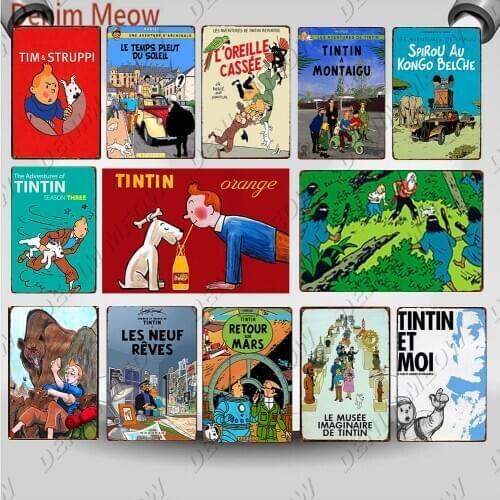 Vintage Tintin Cartoon Movie Character Tin Sign Poster Retro The Adventures of Tintin Metal Plate Children Gift Room Decor WY109