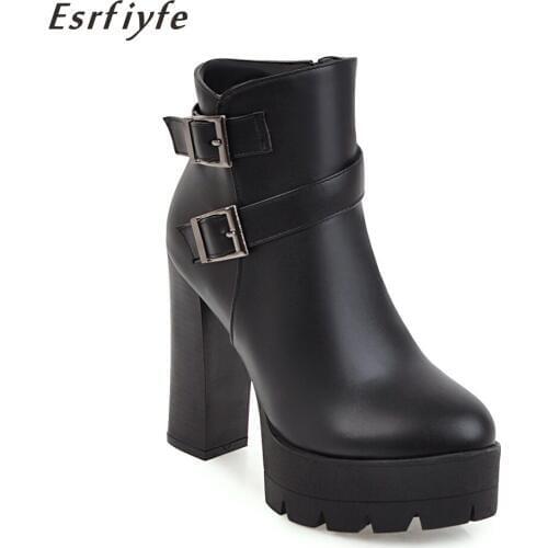 ESRFIYFE Hot Sale Russian Shoes New Platform Boots Women Zipper Spring High Heels Round Toe Buckle Shoes Ankle Boots Size 34-43