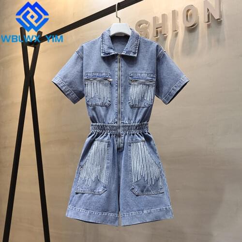 Summer Denim Overalls Women Short Sleeve Lapel zipper Fashion Sequins High Waist Denim Jumpsuit Woman Loose Wide leg Short Pants