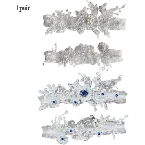 Womens Handmade Floral Lace Mesh Applique Thigh Rings Set Imitation Pearl Beaded Embellished Bridal Wedding Elastic Leg Garters