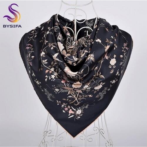 [BYSIFA] Ladies Black Twill Square Scarves New Luxury Brand 100% Silk Scarf Shawl Hijab Elegant White Crane Design Head Scarfs