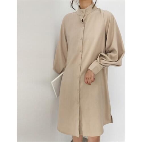 Johnature New Korean Solid Color Loose Base Shirt Dresses For Women 2021 Autumn All Match Single-breasted Lantern Sleeve Dress