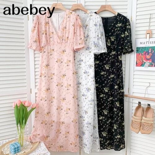 Elegant versatile V-neck puff sleeve Dress high waist bandage floral mid-length Chiffon Dress 2021 New Summer Women