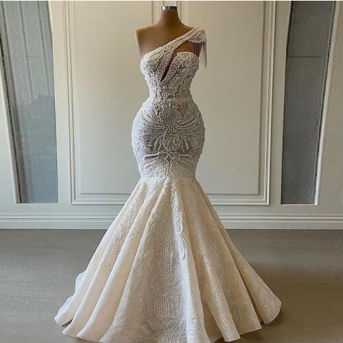 Luxury Major Beads Mermaid Wedding Dresses With Lace Appliques Tassels Pearls One Shoulder Bridal Dress Sexy vestido de novia