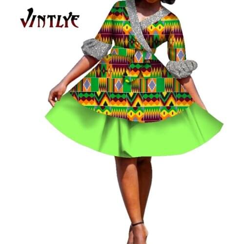 African Print Dresses Girl Knee-length Skirt Dress with Belt Dashiki Party Outfit Large Size Nigerian Abayas for Women WY7345