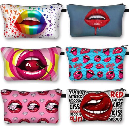 Sensual Woman Red Lips Printed Cosmetic Bag Fashion Girl Cosmetic Case Multicolor Ladies Portable Travel Makeup Bag