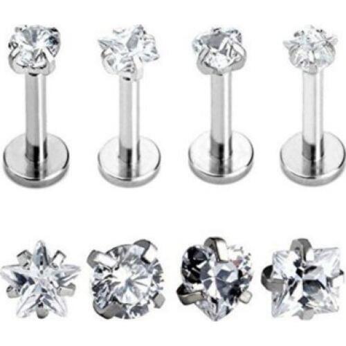Cz Crystal Lip Stud nail Labret Ring Circle Round triangle square flat stainless steel Star bone 3mm Body Piercing Jewelry