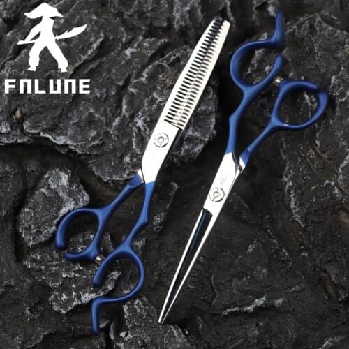 FnLune 6.0 Texture Blue Professional Hair Salon Scissors Cut Barber Haircut Thinning Shear Hairdressing Scissors Notched Handle