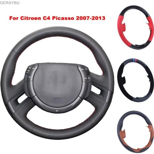 GERAYBU Custom DIY Black Leather Hand-sewn Car Steering Wheel Cover For Citroen C4 Picasso 2007-2013 Breathable Wear-resistant