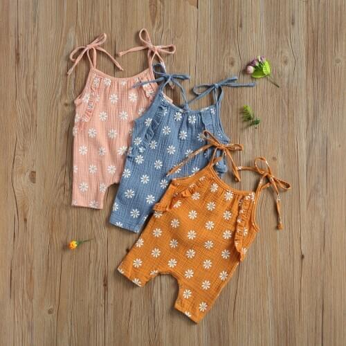 Newborn Baby Girls Daisy Print Romper Jumpsuit Sleeveless Lace Up Summer Clothes for Kids Infant Girls