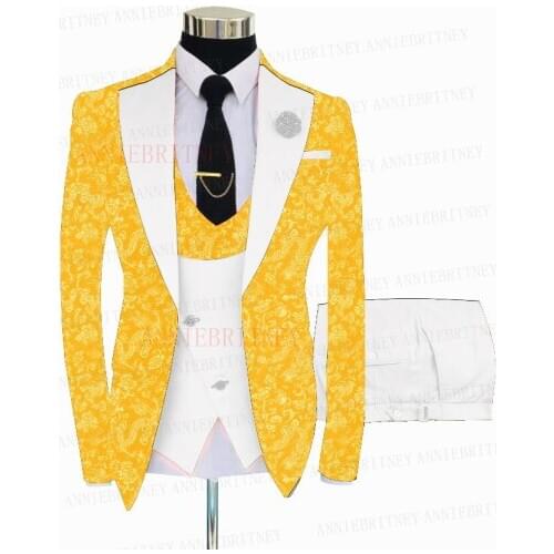 2021 Yellow Floral Printed Groom Wedding Suit Set Slim Fit Formal Men Shiny Jacket Prom Dinner Suit Blazer Vest Pants 3 Pieces