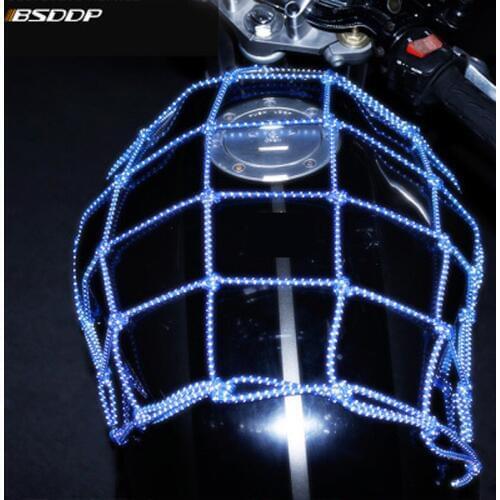 Cool 40 x 40cm Motorcycle Helmet Holder Reflection Mesh Net Bag Heavy-Duty 6 hooks Hold down Luggage Net Cargo Bungee Rope