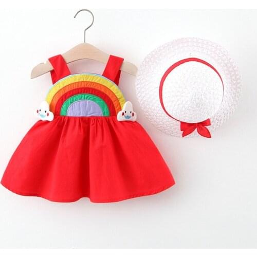 Summer Girls Kids Princess Dress Rainbow Spaghetti Sleeveless Children Baby Infants Backless Dresses Vestidos+Hat S12188