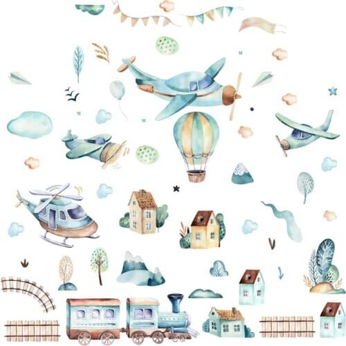 Cartoon Plane Train Hot Air Balloon Small House Hand-painted Stickers for Childrens Room Kindergarten Nursery Wall Decoration