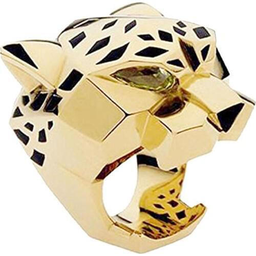 Fashion Quality Gold Plating Leopard Man Woman Cocktail Statement Ring Green Zircon Eyes