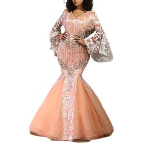 Arabic Style Bell Bottom Long Sleeves Prom Dresses Tassel Beaded Glitter Sheer Illusion Mermaid Formal Evening vestido de festa