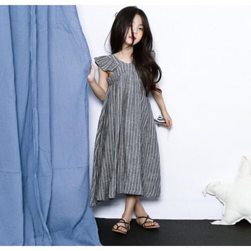 2021 Korea style girls striped dress fashion cotton linen summer girls dresses