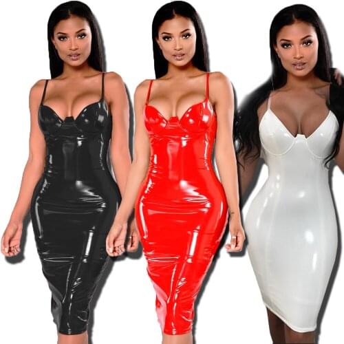 PVC Wet Look Leather Dresses Women Red Black White Knee Length Zipper Black Club Dress