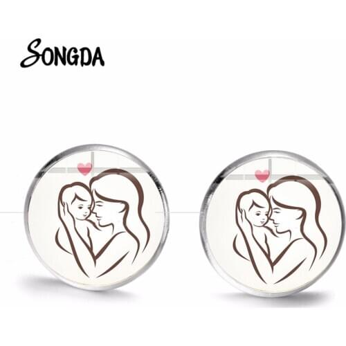 Happiness Mother And Baby Earring Love Embrace Art Photo Printed Glass Round Stud Earrings Lovely Family Gift for Mother