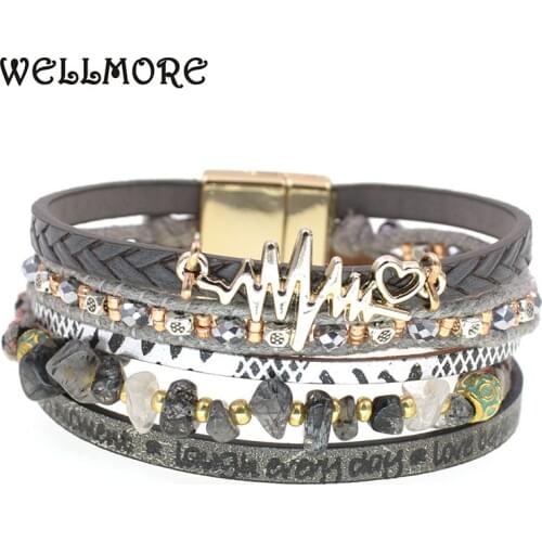 WELLMORE 6 colors bohemia leather bracelets for women Lightning love bracelet beaded stone wrap bracelets female fashion jewelry