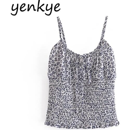 YENKYE Vintage Floral Cami Top Women Hem Elastic Sleeveless Summer Chiffon Tops