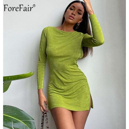 Forefair O Neck Green Bodycon Dresses Summer Casual 2021 Backless Bandage Split Autumn Sexy Long Sleeve Party Mini Dress Vintage