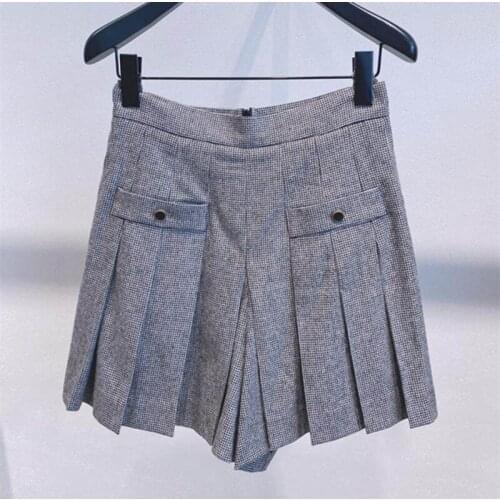 Women Pleated Mini Skirt Houndstooth Button Decoration Preppy Style Spring Autumn Lady Skirts