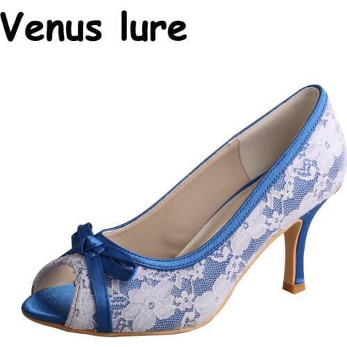 Mother of the Bride Shoes Blue Top White Lace Peep Toe Bride Pumps