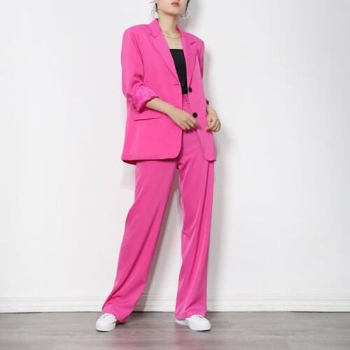Two-Pieces Green Rose Pink Blue Blazer Pant Suits Wide Leg Pant Trouser Suit Jacket High Waist Straight Long Pants Women Suit