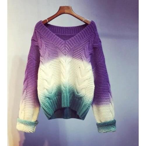Color Contrast Gradient Women Loose Knit Pullover Sweater Spring Autumn Casual Jumpers V-neck Long Sleeve Knitwear Jersey Mujer