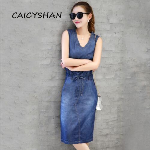 New Summer Women Dress Vestido Plus Size Casual Slim V-neck Sleeveless Collect Waist Jeans Dress For Women Large Denim One-Piece