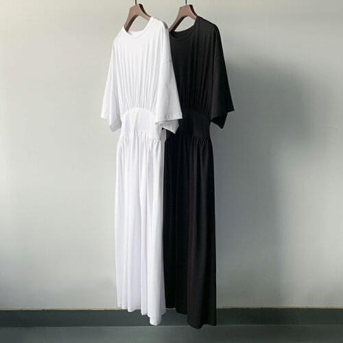 Women basic dress cotton soft O neck A-line elastic waist short sleeve long T-shirt dress
