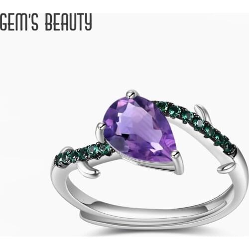 GEMS BEAUTY 925 Sterling Silver Gemstone Statement Ring Handmade Adjustable Rings For Women with Pear Shape Natural Amethyst