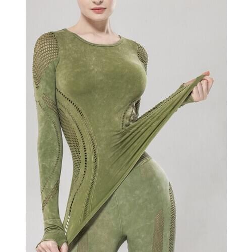 Autumn And Winter New Hollowed Out High Elastic Long Sleeve Yoga Dress Wash Print Tight Outer Sports Top Fitness Clothes For Wom