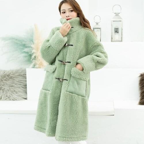 Winter Real Sheep Wool Fur Coats Ladies Printed Sheep Shearing Long Warm Jackets Womens Down Coat Splice Velvet Fur Long Coat