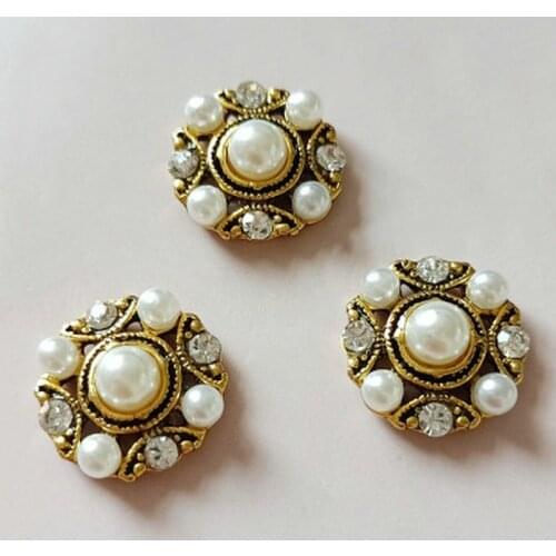 10Pcs/Lot 18mm Flower Rhinestones Pearl Hair Antique Gold Alloy Flower Disk Diamond Buckle Pendant Shoes Clothes Bag Accessories